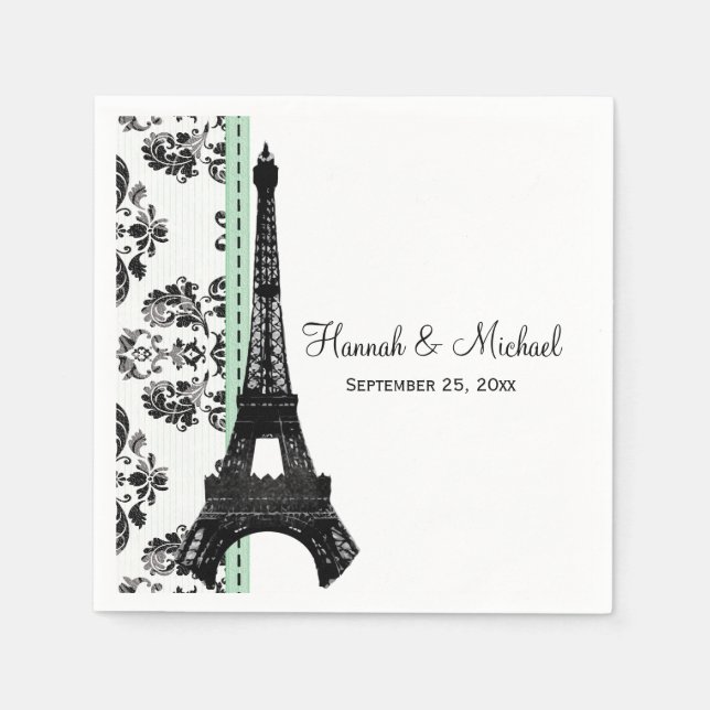 Mint Green Damask Eiffel Tower Wedding Serviette (Vorderseite)