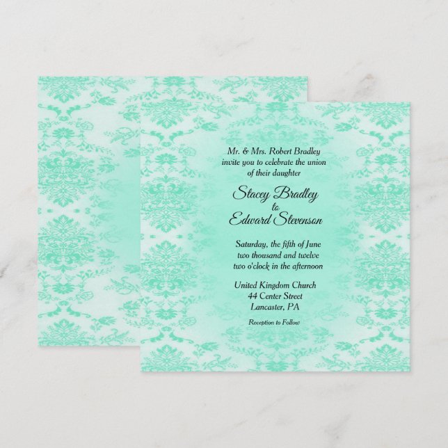 Mint Green Damask Einladung zur Hochzeit (Vorne/Hinten)