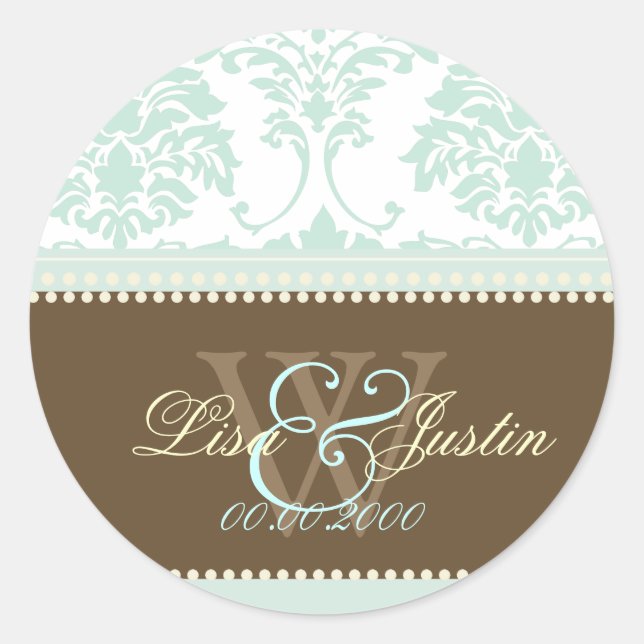 Mint Green Damask Monogramm Hochzeit/DIY Schriftar Runder Aufkleber (Vorderseite)