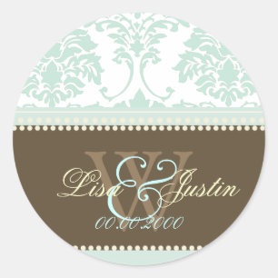Mint Green Damask Monogramm Hochzeit/DIY Schriftar Runder Aufkleber