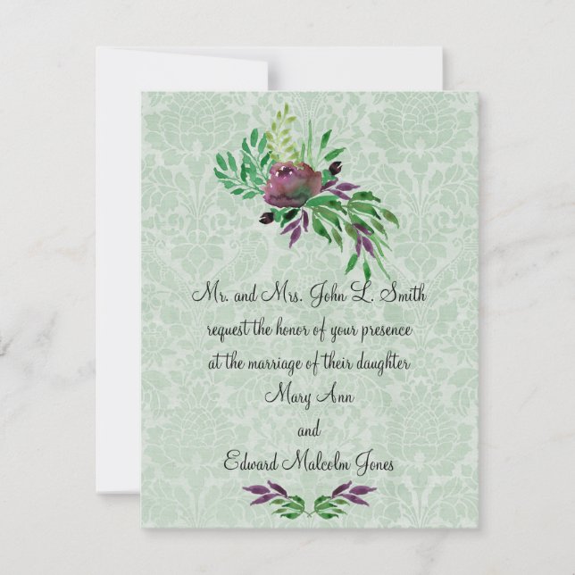 Mint Green Damask Wedding Invitation 4,25" x 5,5" Einladung (Vorderseite)