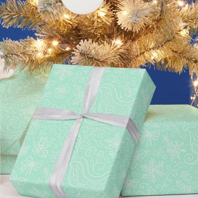 Mint Green Doodle Weihnachts-Schlittenmuster Geschenkpapier (Von Creator hochgeladen)