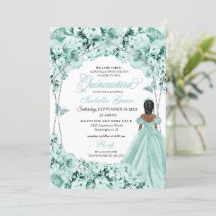 Mint Green Elegant Floral Quinceanera Einladung