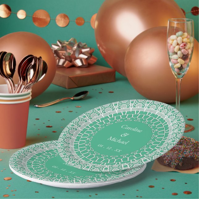 Mint Green Elegant Hochzeitsfeiern Weißes Rennen Pappteller (Multi)