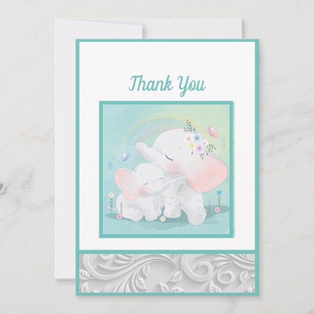 Mint Green Elephant Boy Girl Babydusche Dankeskarte (Vorderseite)