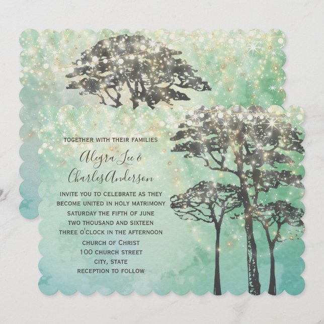 Mint Green Fairy Lights Woodsy Wedding Einladung (Vorne/Hinten)