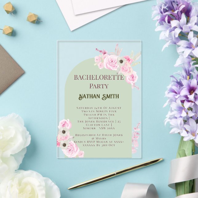 Mint Green Floral Arch Summer Junggeselinnen-Absch Acryleinladungen (In Situ (Hochzeit))