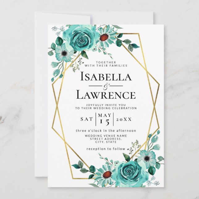 Mint Green Floral Gold Rahmen Elegante Hochzeit Einladung (Vorderseite)