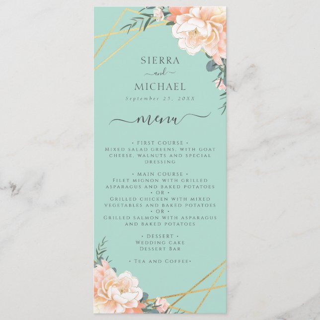 Mint Green Floral Peach Gold Hochzeitsempfang Menükarte (Vorderseite)