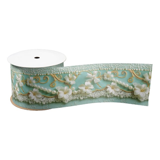 Mint Green Floral Satinband (Spule)