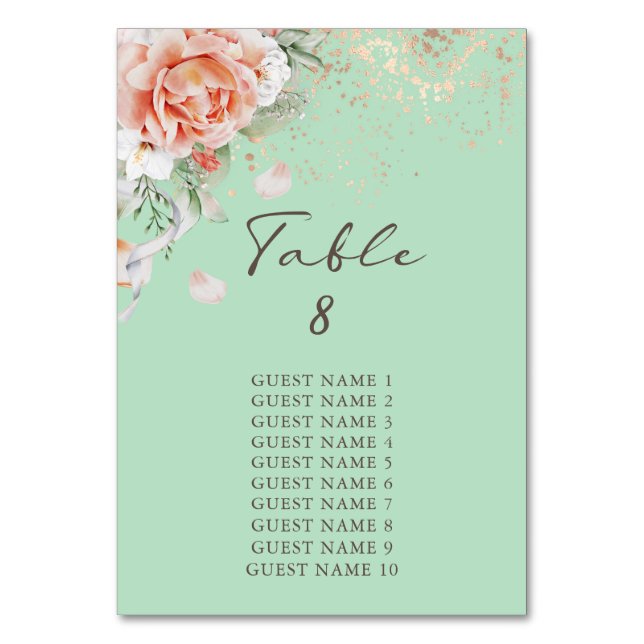 Mint Green Floral Tischnummer mit Gästennamen (Vorderseite)