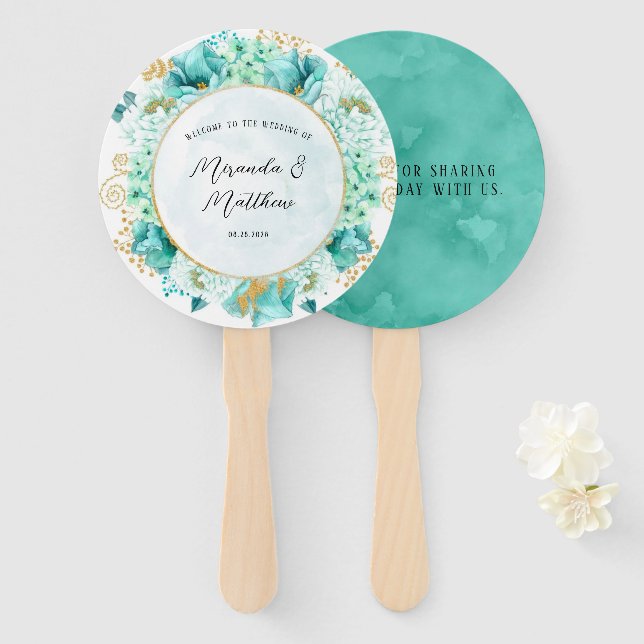 Mint Green Florals Gold Foliage Hochzeit Vielen Da Fächer (Vorne und Hinten)