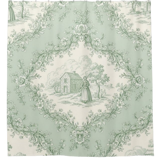 Mint Green French Country Floral Toile - Farmhouse Duschvorhang (Vorderseite)