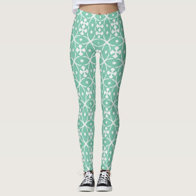 Mint Green Geometric Floral Leggings (Vorderseite)