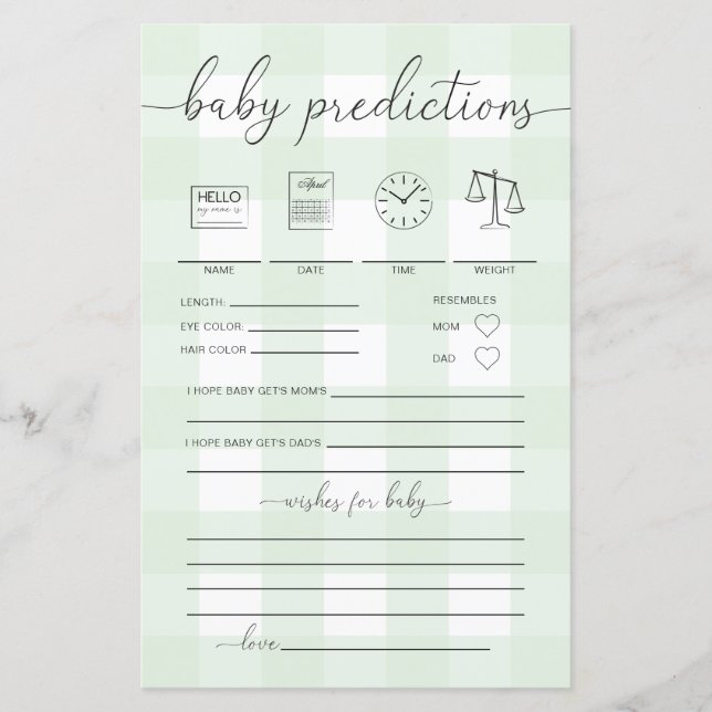 Mint Green Gingham Baby Predictions Game (Vorderseite)