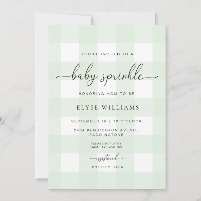 Mint Green Gingham Baby Sprinkle Einladung (Vorderseite)