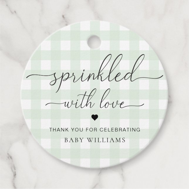 Mint Green Gingham Babydusche gesprinkt mit Liebe Geschenkanhänger (Vorderseite)