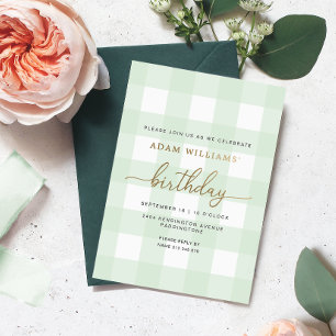 Mint Green Gingham Birthday Gold Foil Einladung