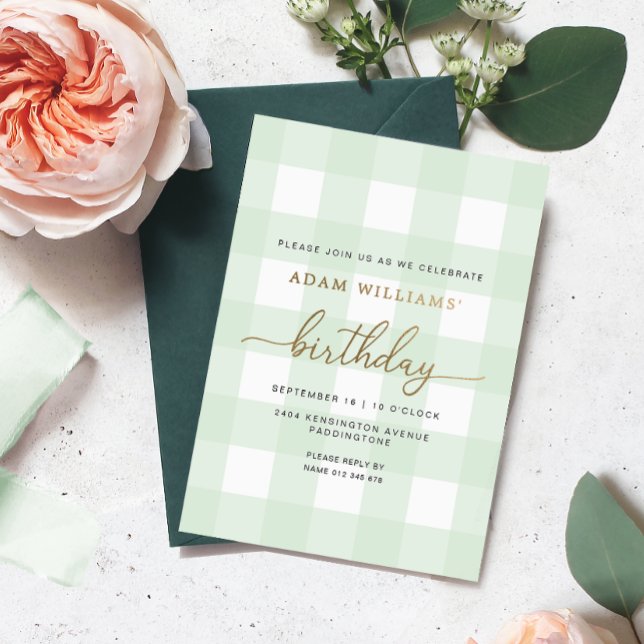 Mint Green Gingham Birthday Gold Foil Einladung (Von Creator hochgeladen)