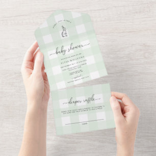 Mint Green Gingham Bunny Rabbit Baby Shower All In One Einladung