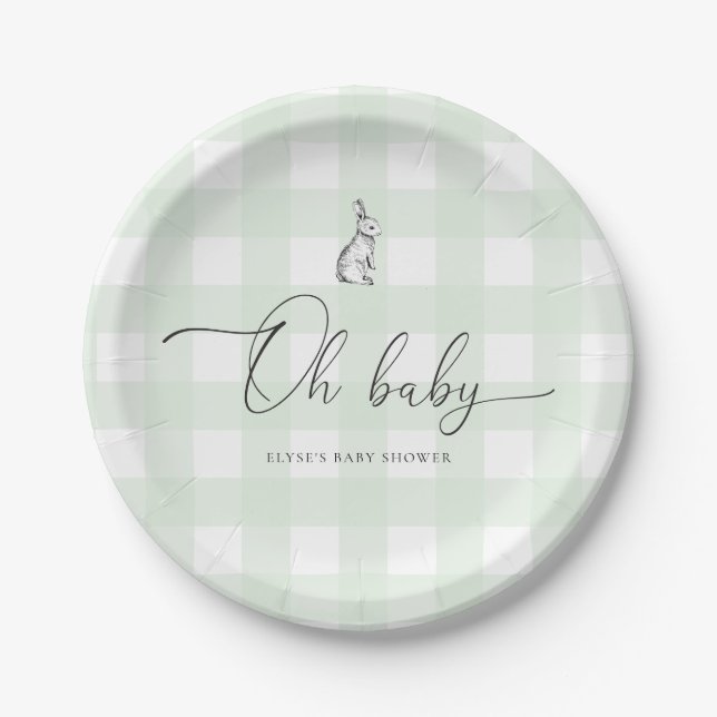 Mint Green Gingham Bunny Rabbit Baby Shower Pappteller (Vorderseite)