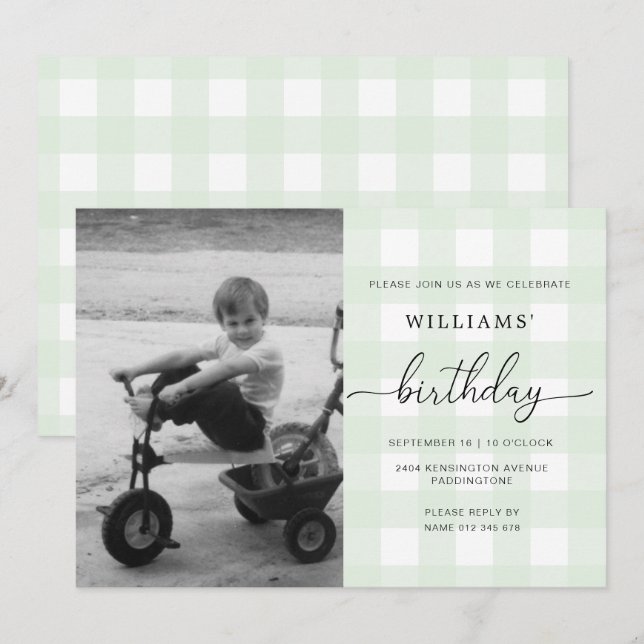 Mint Green Gingham Foto Birthday Einladung (Vorne/Hinten)