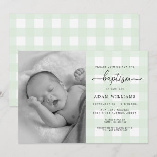 Mint Green Gingham Foto Taufe Einladung