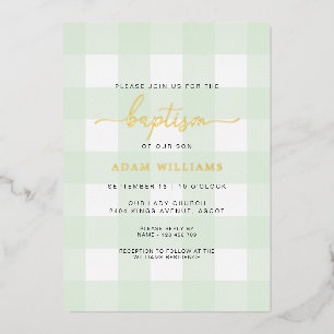 Mint Green Gingham Taufe Gold Foil Einladung