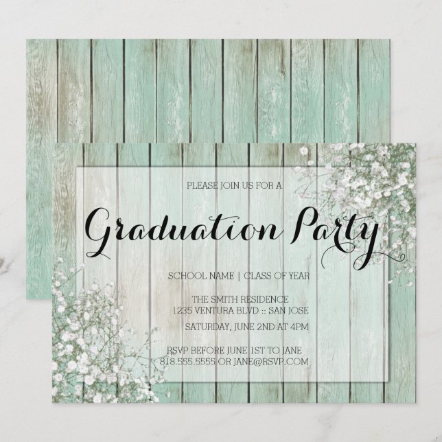 MINT GREEN GIPSKRAUT GRADUATION PARTEI EINLADUNG (Vorne/Hinten)