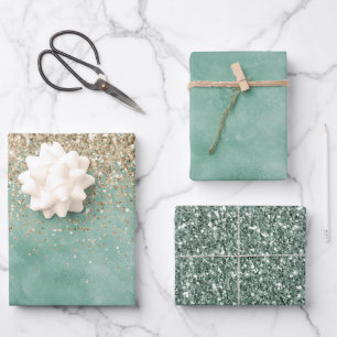 Mint Green Glam Gold Sparkle Glitzer Geschenkpapier Set