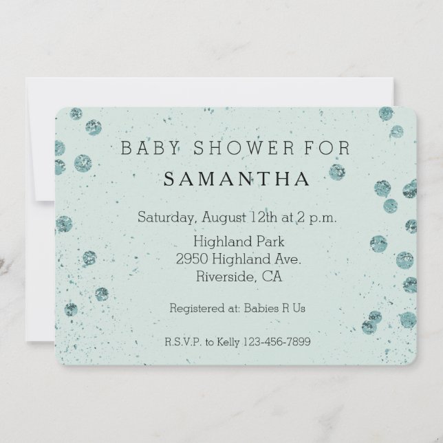 Mint Green Glittery Confetti Babydusche Einladung (Vorderseite)