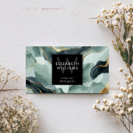 Mint Green Gold Abstract Monogram Business Cards