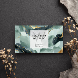 Mint Green Gold Abstract Monogram Business Cards