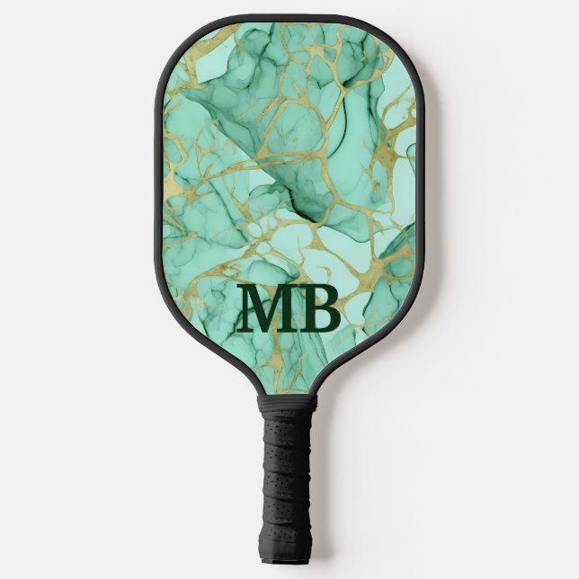 Mint Green Gold Alcohol Tinte Marmormonogramm Pickleball Schläger (Rückseite)
