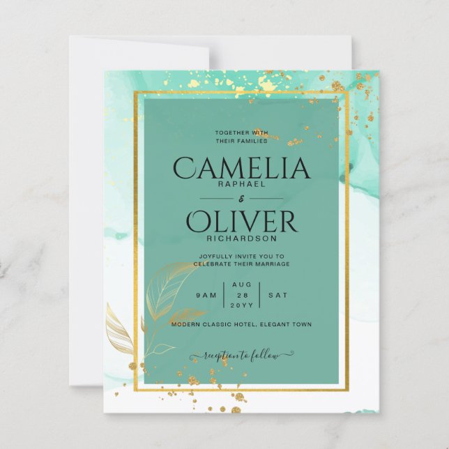 Mint Green Gold Alkohol Tinte Abstrakt Hochzeit (Vorderseite)
