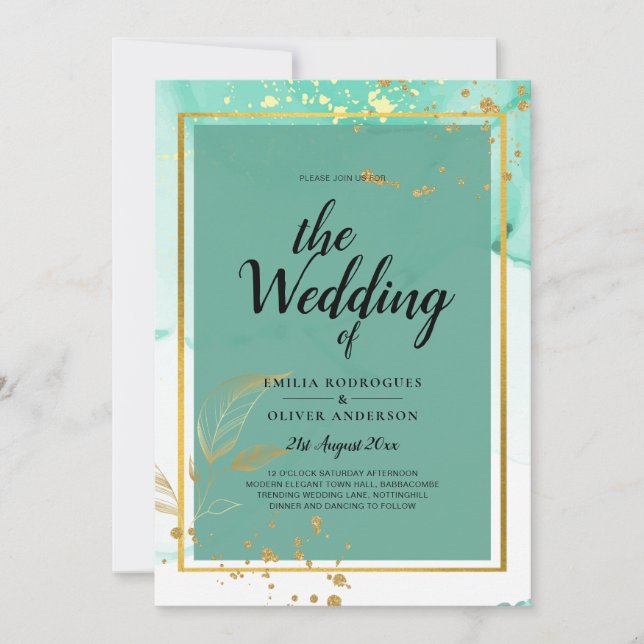 Mint Green Gold Alkohol Tinte Abstrakt Hochzeit Einladung (Vorderseite)