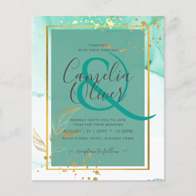 Mint Green Gold Alkohol Tinte Abstrakt Hochzeit Flyer (Vorne)
