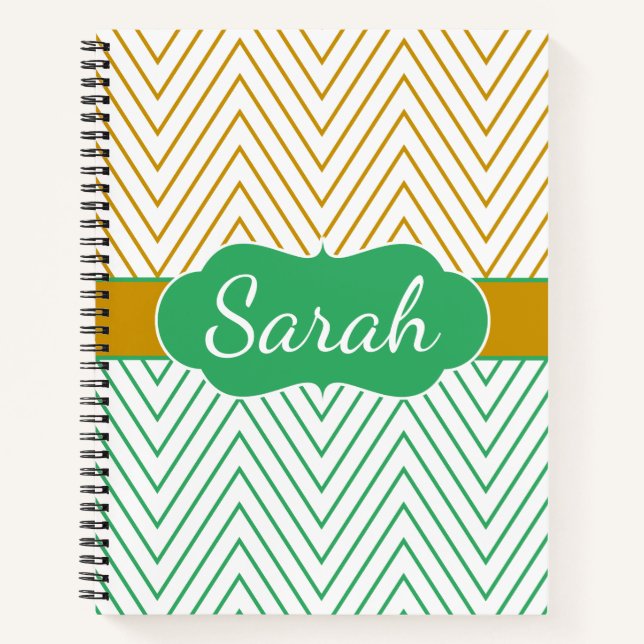 Mint Green Gold Chevron Personalized Pattern Notizbuch (Vorderseite)