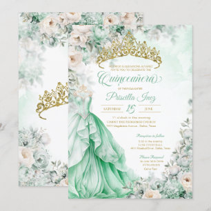 Mint Green Gold Elegantin Princess Quinceañera Einladung