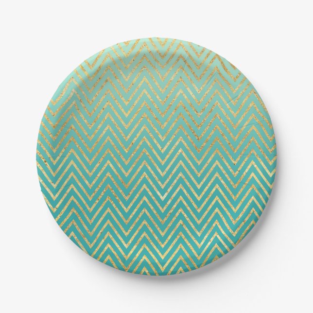 Mint Green Gold Glam Zickzack Ombre Pappteller (Vorderseite)