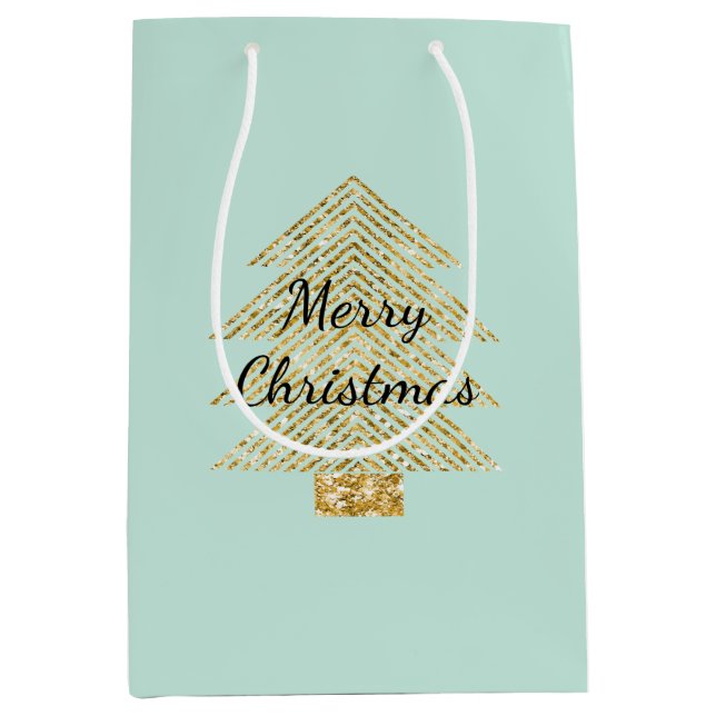 Mint Green Gold Glitzer Weihnachtsbaumen Mittlere Geschenktüte (Vorderseite)