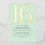 Mint Green & Gold | Modern Cute Pastel Sweet 16  Folieneinladung<br><div class="desc">Modern 16th birthday invitations with a large heading "16" in real metallic foil on a mint green background. (Background colors can be changed by using the design tool. You can also change the type of metallic foil.)</div>