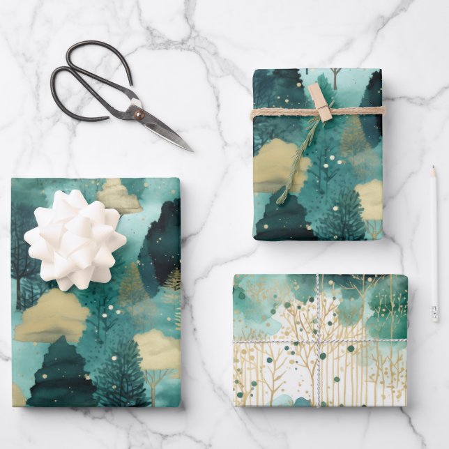 Mint Green Gold Trees Weihnachten Geschenkpapier Set (Vorderseite)