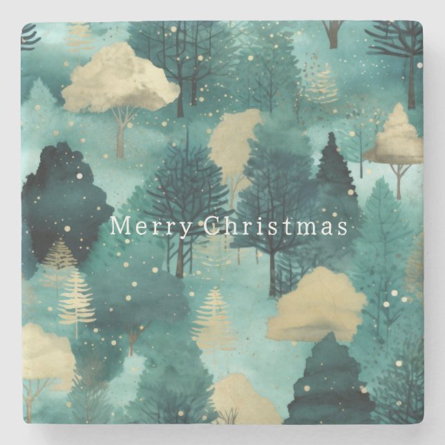 Mint Green Gold Trees Weihnachten Steinuntersetzer (Vorderseite)