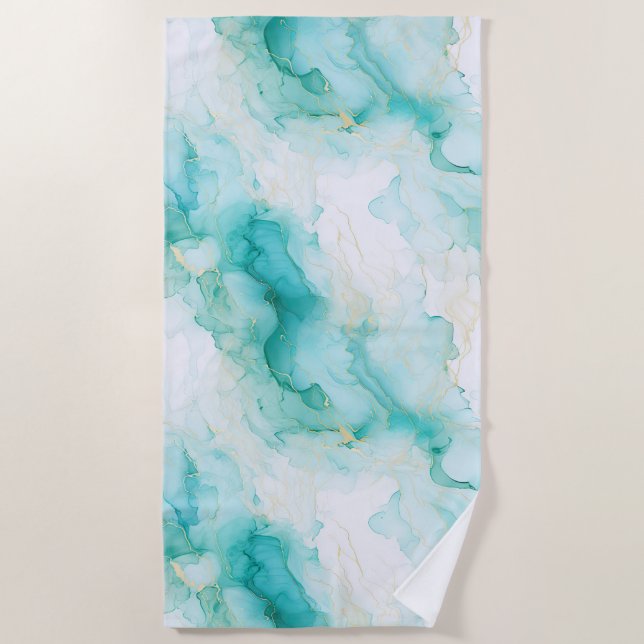 Mint Green Gold Weißmarmor Strandtuch (Vorderseite)