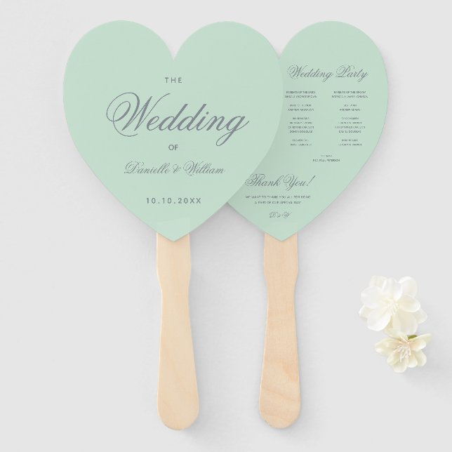 Mint Green Gray Calligraphy Heart Wedding Program Fächer (Vorne und Hinten)
