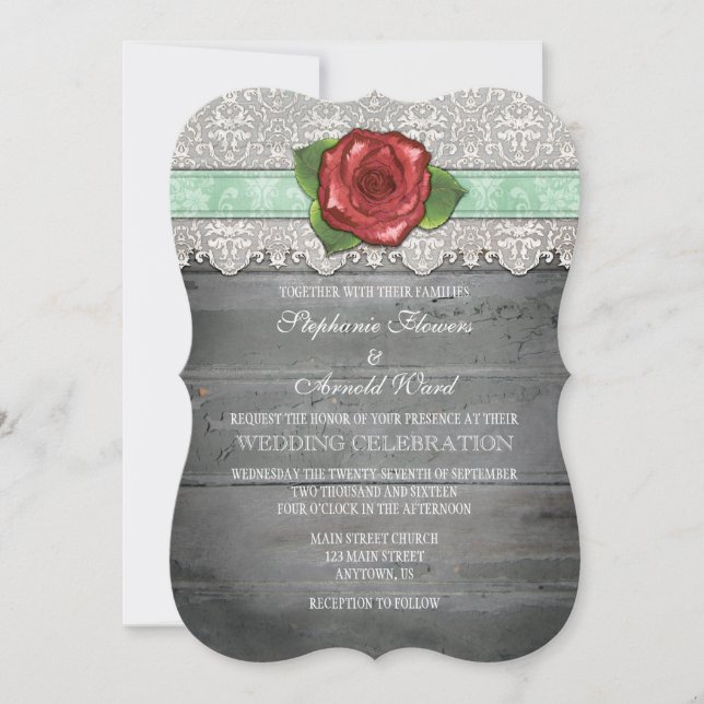 Mint Green Gray Rustic Wood Rose Einladung Hochzei (Vorderseite)