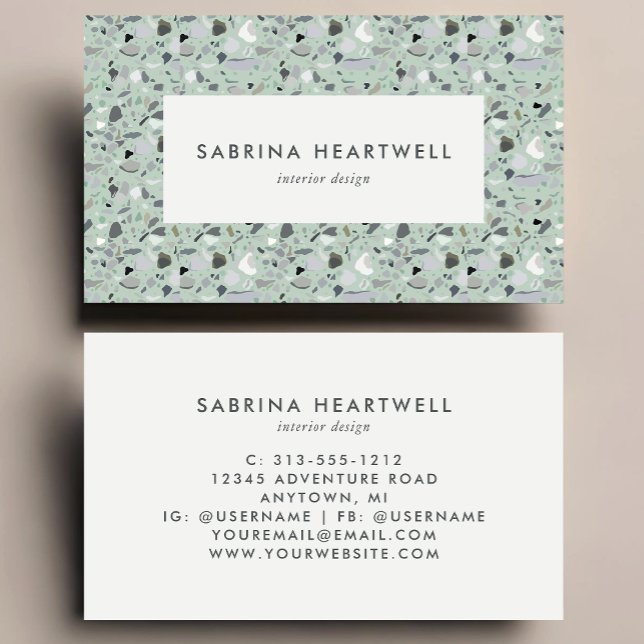 Mint Green Gray Terrazzo Pattern Interior Design Visitenkarte (Von Creator hochgeladen)