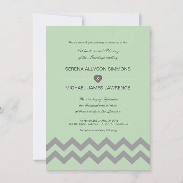 Mint Green & Gray Zickzack Hochzeiten Einladungen (Vorderseite)
