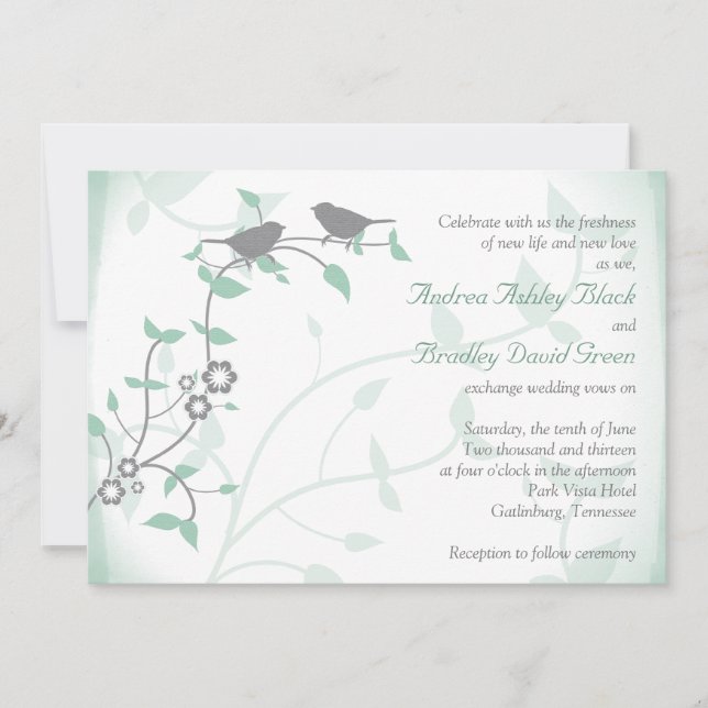 Mint Green Grey Birds Hochzeitseinladung Einladung (Vorderseite)